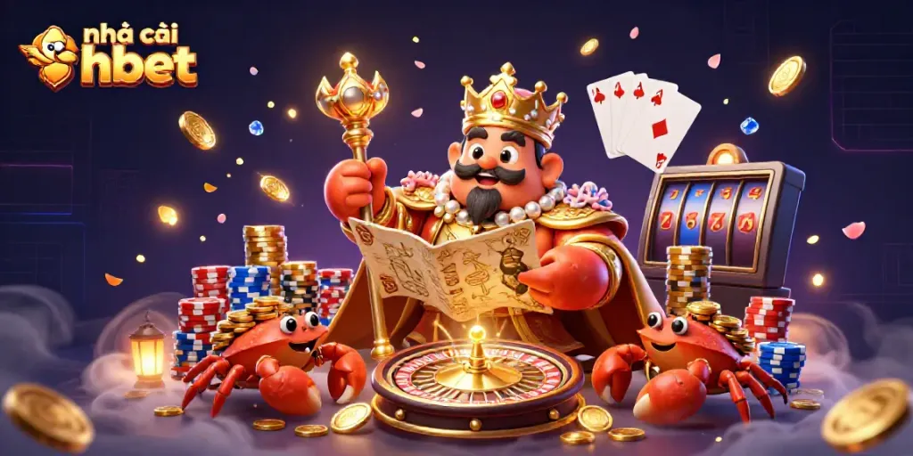 Engage with games at nhà cái shbet, featuring a majestic crab emperor with treasures and vibrant casino elements.