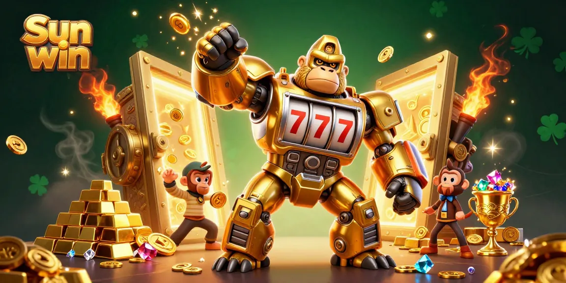 Experience thrilling wins at Sun win with the dynamic gorilla mech amidst a gold treasure explosion.