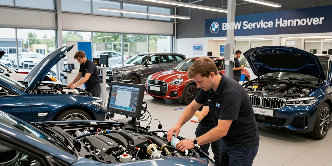 Professioneller BMW Service Hannover mit Experten-Technikern, die Wartungsarbeiten an Fahrzeugen durchführen.