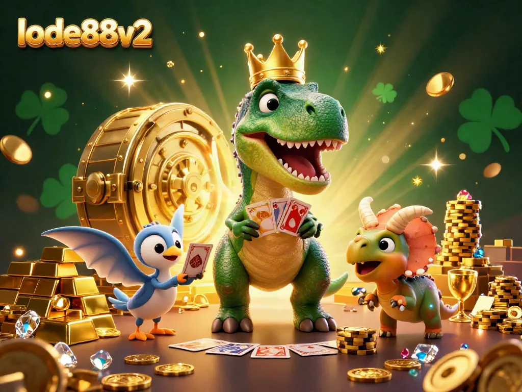 This scene showcases lode88v2 with a T-Rex shuffling cards, with vibrant casino elements bursting with golden treasures.