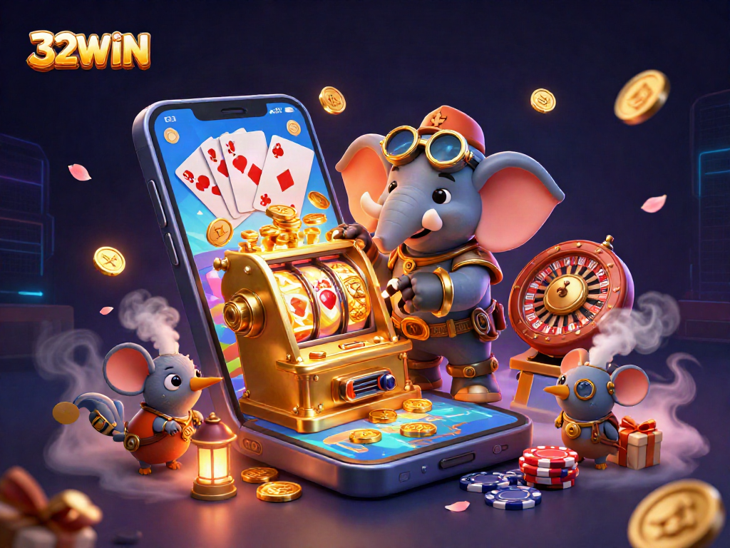 Experience thrilling slot action with 32WIN as our steampunk elephant operates a vibrant slot machine.