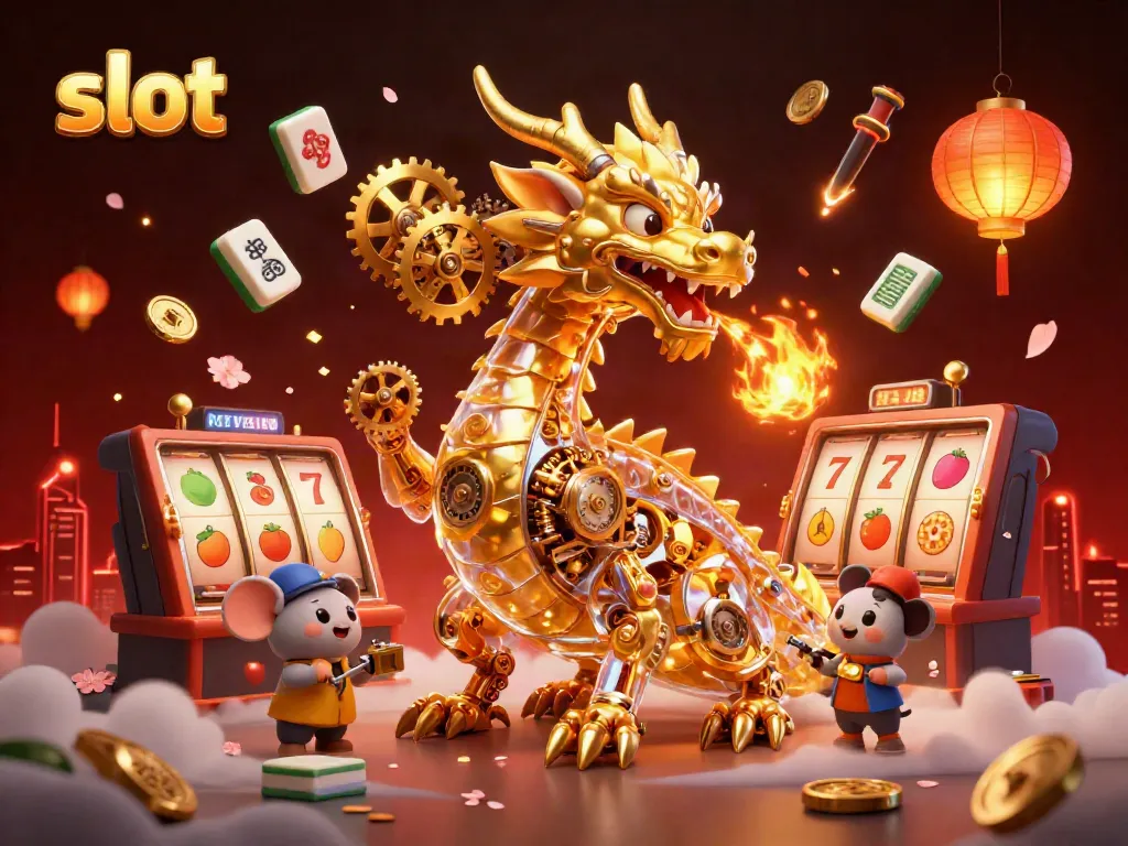 Experience the thrill of slot machines with a golden dragon and vibrant casino elements in this captivating illustration.