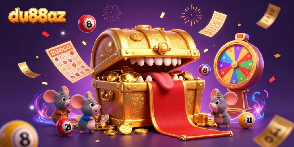Engage with exciting games on du88az featuring colorful lottery elements and a magical treasure chest environment.