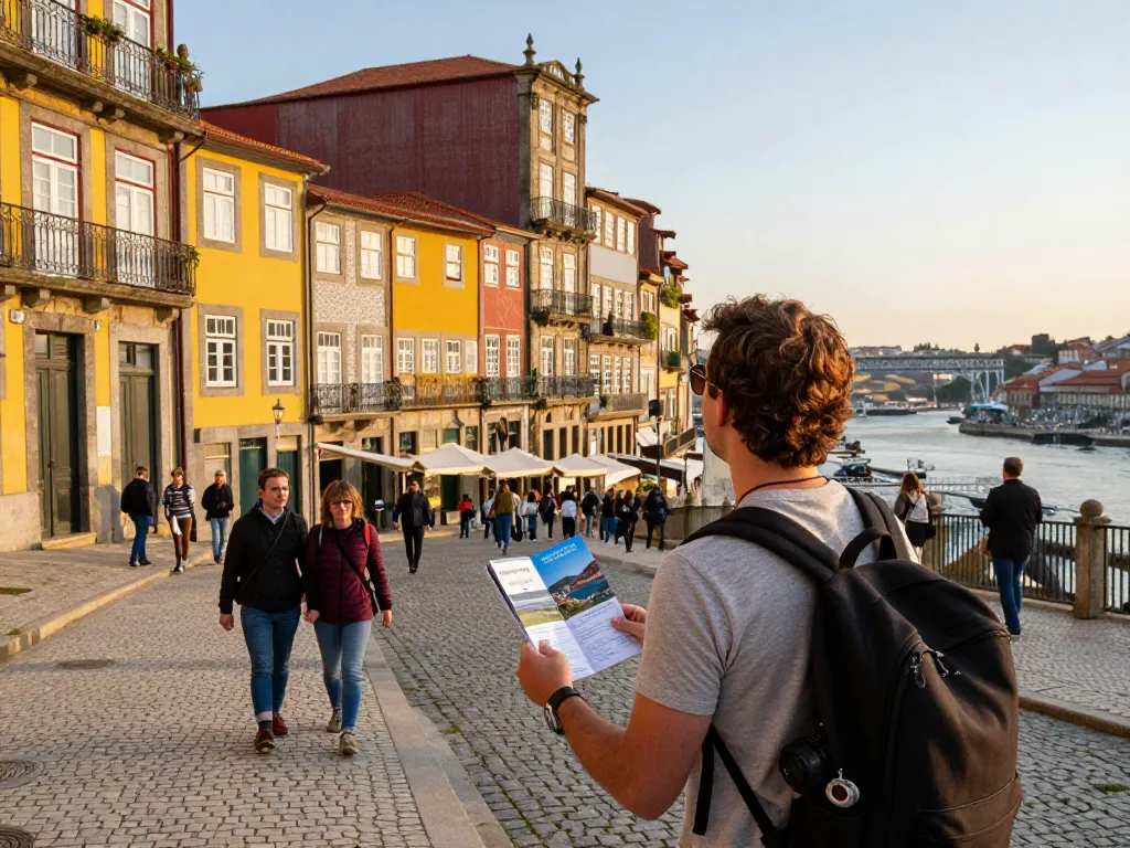Reisetipps Porto mit einem Reisenden, der in den bunten Straßen vertieft ist, historische Gebäude erkundet und den Charme des Douro-Flusses genießt.