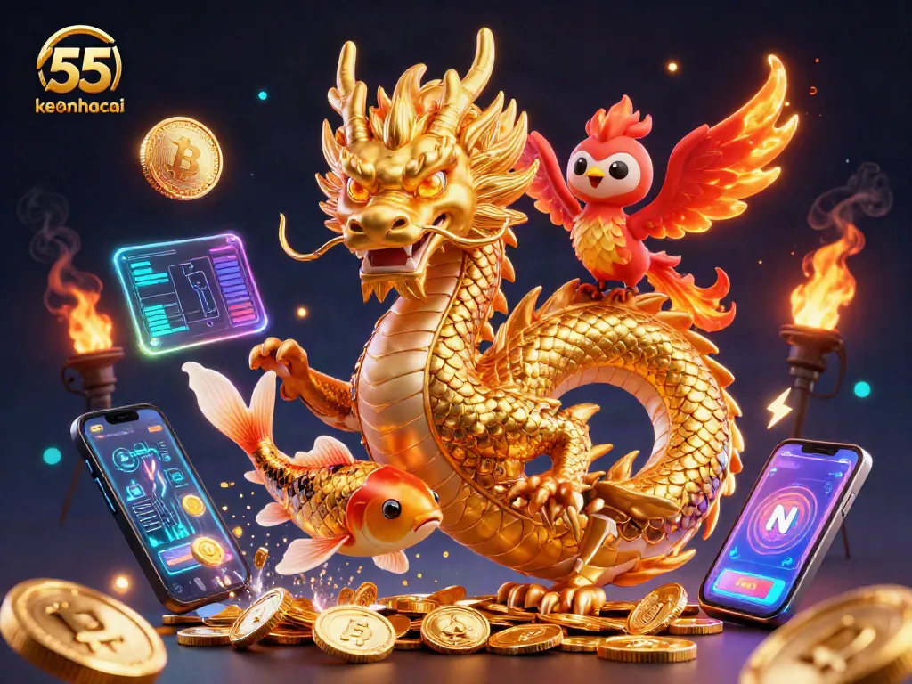Engage with keonhacai 55 through vibrant casino scene featuring dragons, flames, and coins.