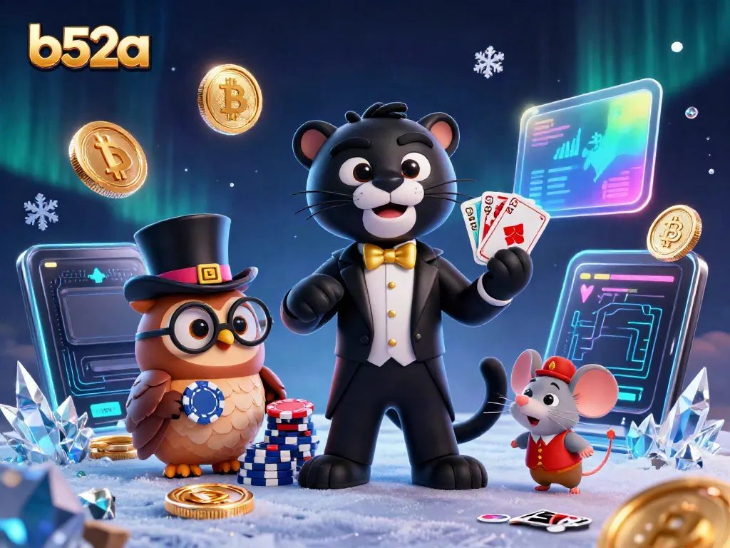 Experience thrilling gaming with b52a as cartoon characters deal cards and showcase crypto coins.