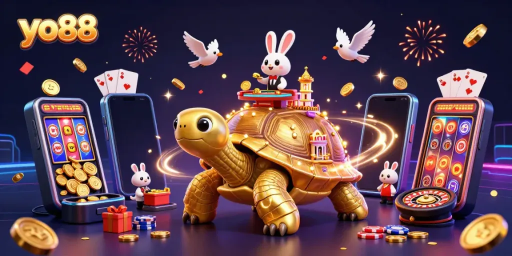 Engage in thrilling gameplay at yo88, featuring a vivid illustration of exciting casino elements and characters.