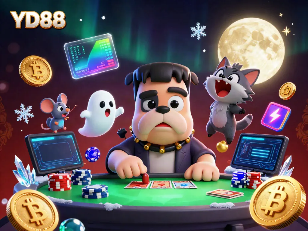 Experience the excitement of YD88 with a 3D cartoon monster dealer and crypto-themed casino backdrop.