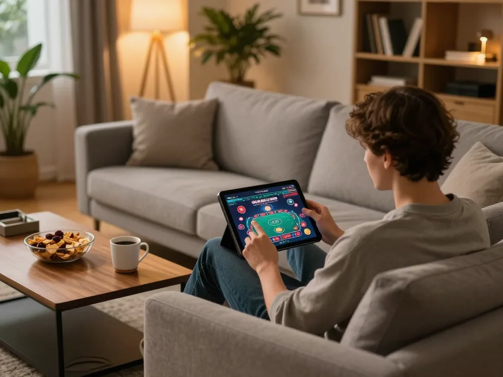 RR88 user engaging with an online casino app on a tablet in a modern living room