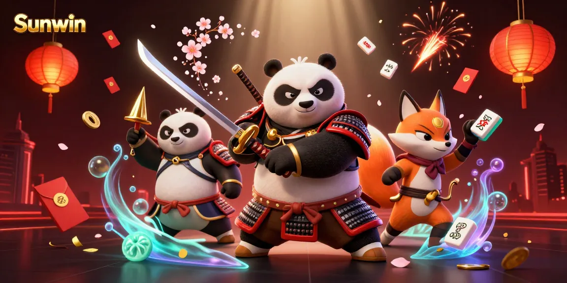 Engage with Sunwin's vibrant gaming world, featuring samurai panda and ninja fox amidst festive casino elements.