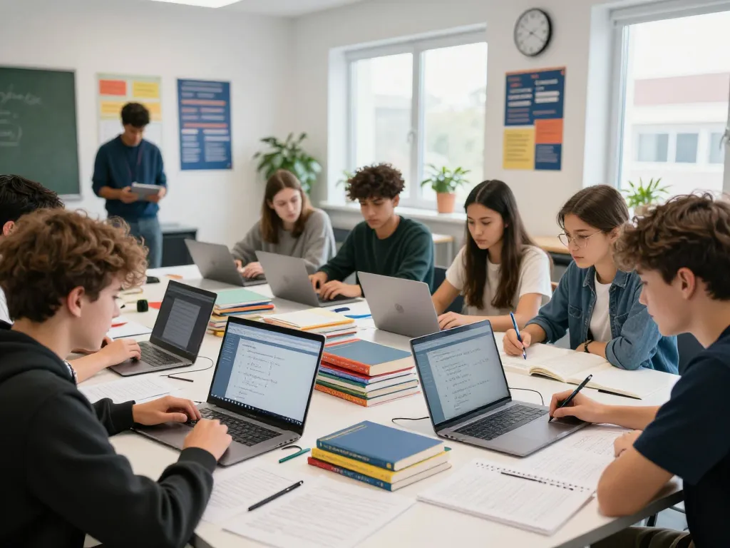Schüler arbeiten gemeinsam im Unterricht mit Hausaufgaben KI für ihre Hausaufgaben.