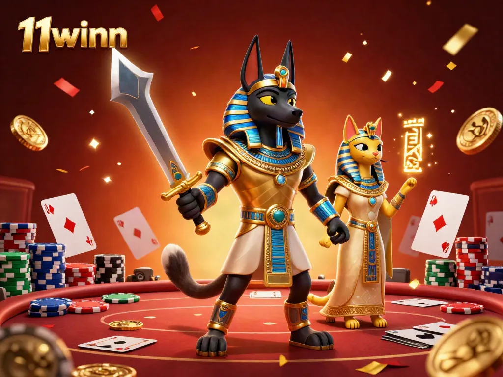 Experience the thrill of 11winn with vibrant Egyptian warriors and dynamic casino elements.