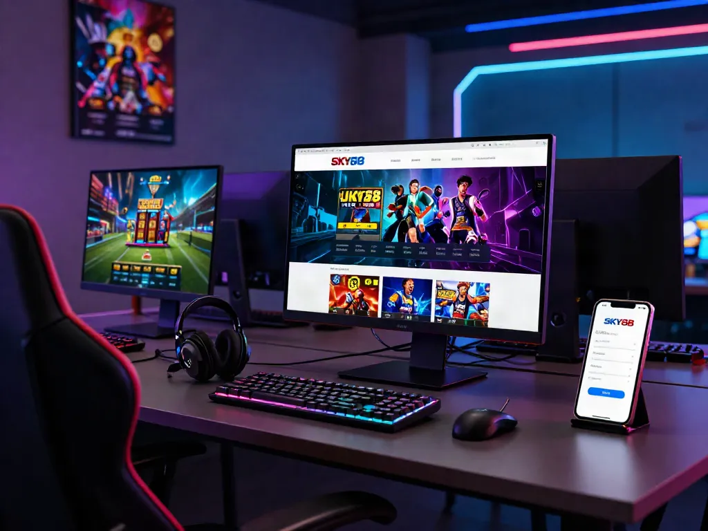 Explore the dynamic gaming setup showcasing the SKY88 platform, emphasizing online gaming options and vibrant atmosphere.