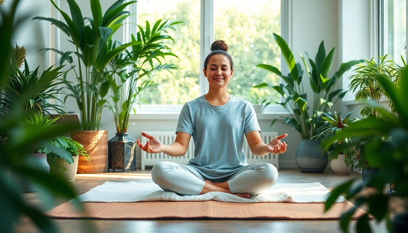 Promoting emotional wellbeing through meditation in a tranquil workspace with natural elements.