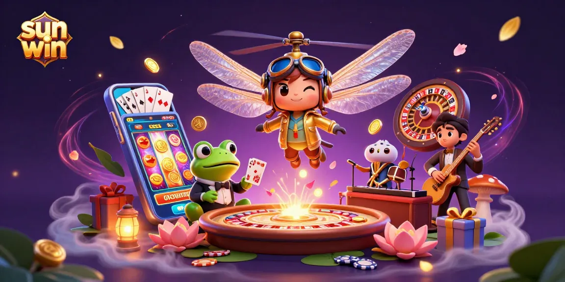 Engage with sun win at this vibrant casino scene with a dragonfly pilot, frog dealer, and jazz musicians.