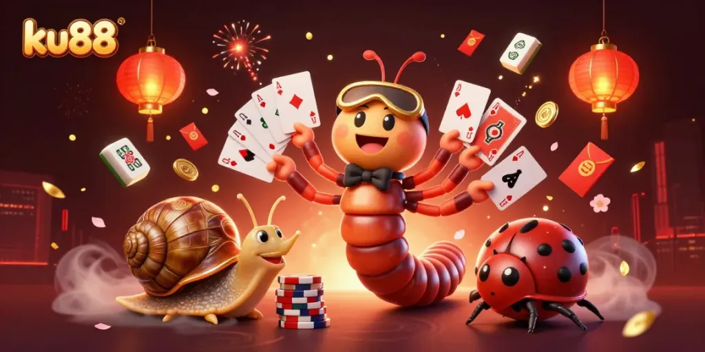 ku88 dealer showcasing cards amid vibrant casino-themed elements during an exciting gameplay scene