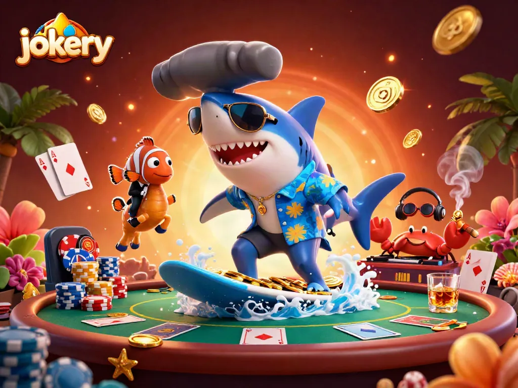 Experience the thrills of jokery gaming with vibrant characters and stacked poker chips in a lively scene.