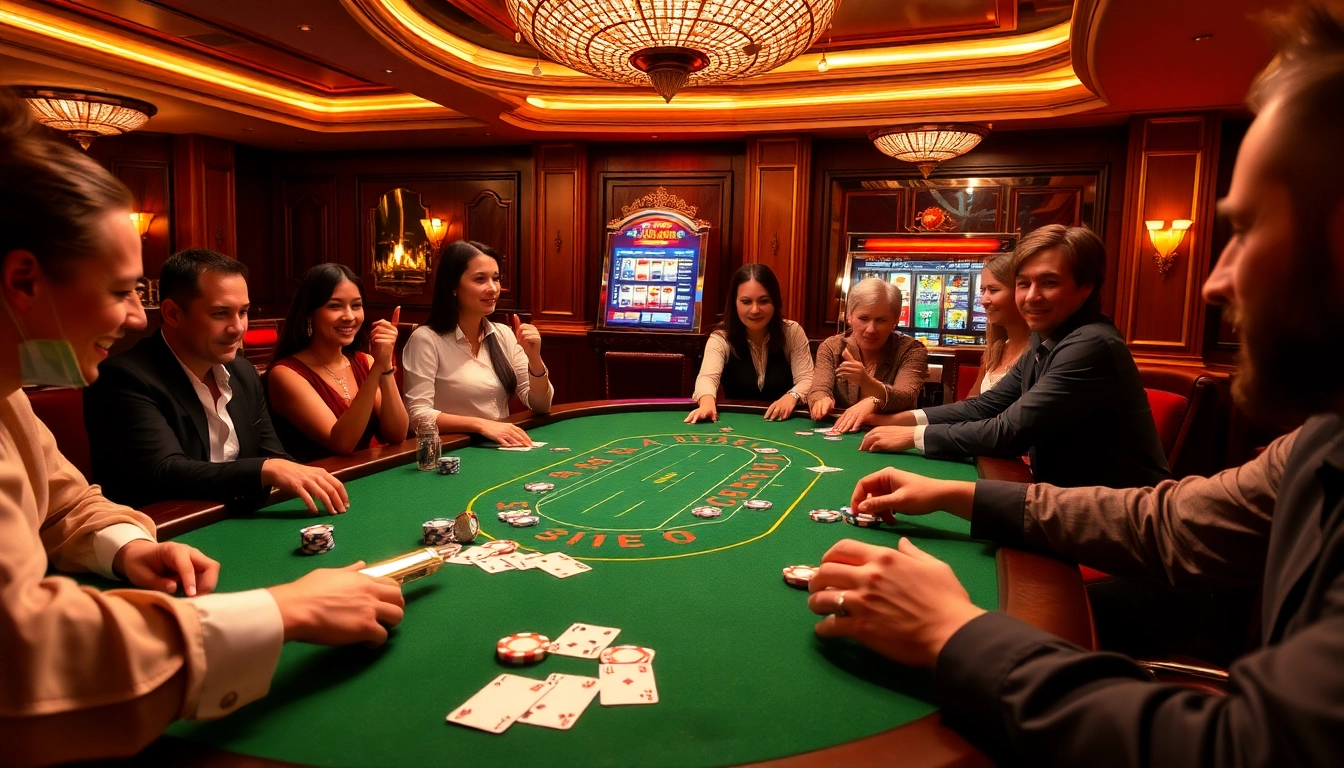 Players enjoying a thrilling blackjack game at https://rr88a.us.com/ casino, with vibrant poker chips and winning cards.