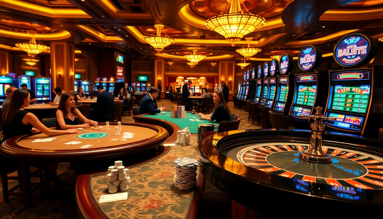 Erleben Sie eine lebendige Atmosphäre im NV Casino mit pulsierenden Spieltischen und eleganten Spielautomaten.