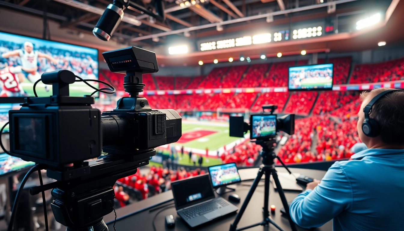 Dynamic sports broadcasting studio showcasing advanced technology and live feeds.