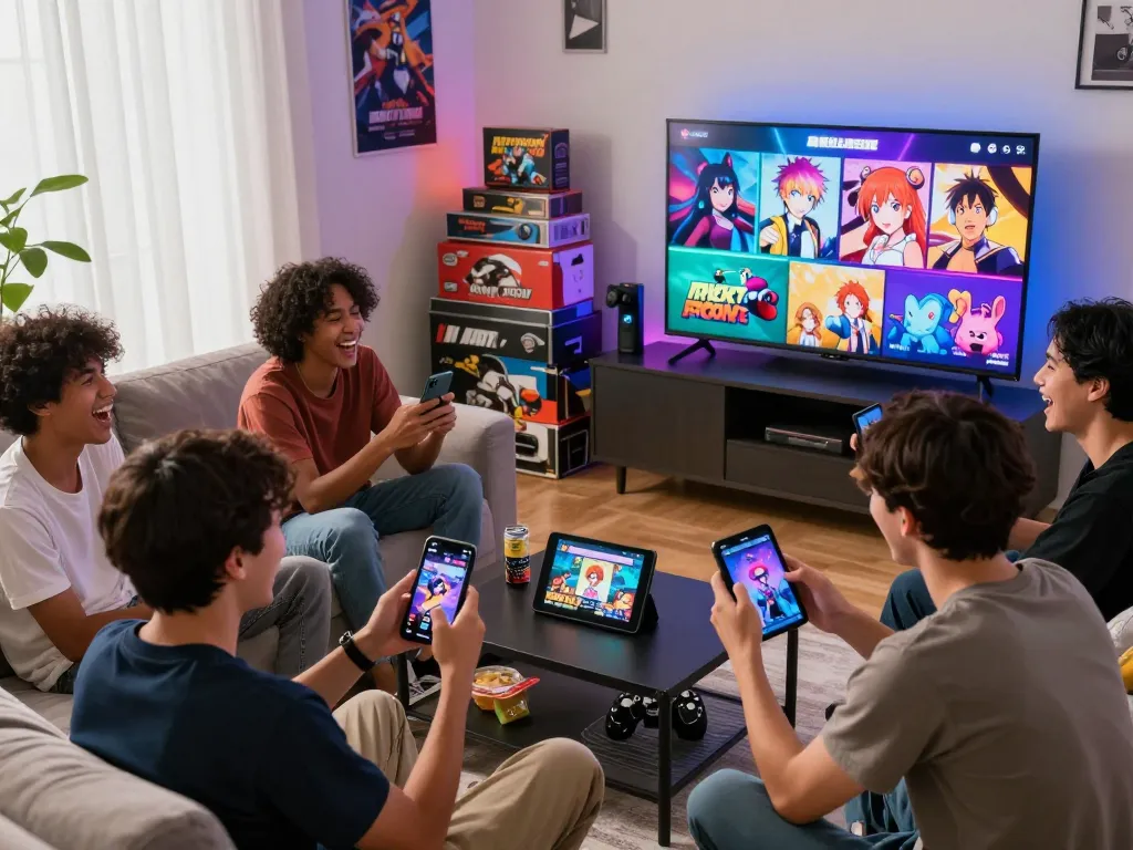 Friends enjoying free mobile porn games together in a cozy living room.