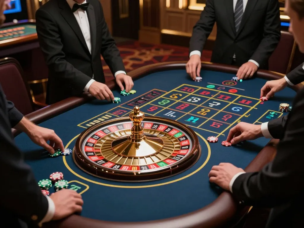 F168 players placing bets at an elegant roulette table in a luxurious casino setting
