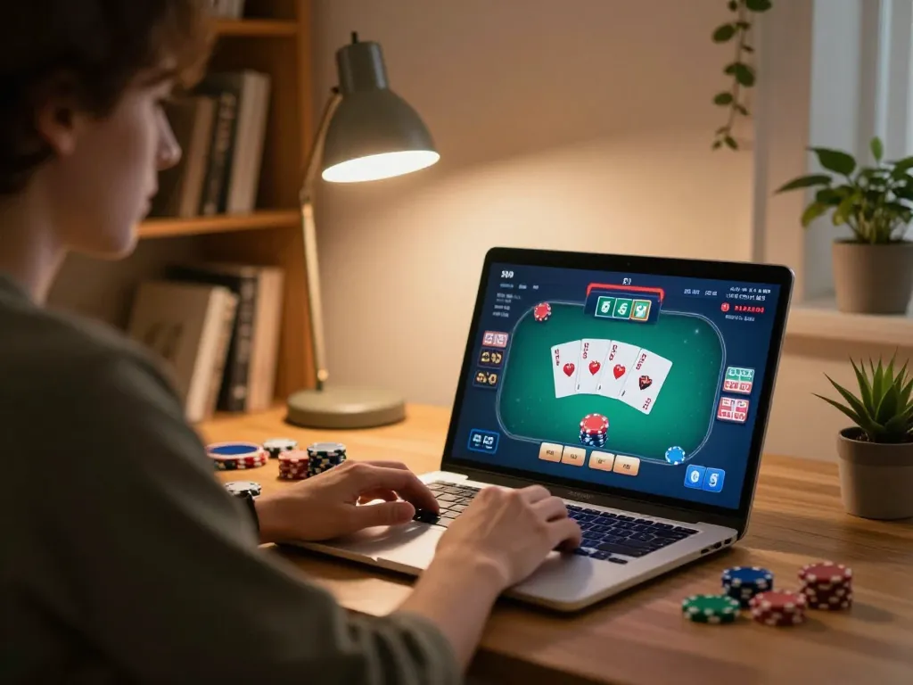Player engaging in an online poker game on TR88, crafting their strategy at home.