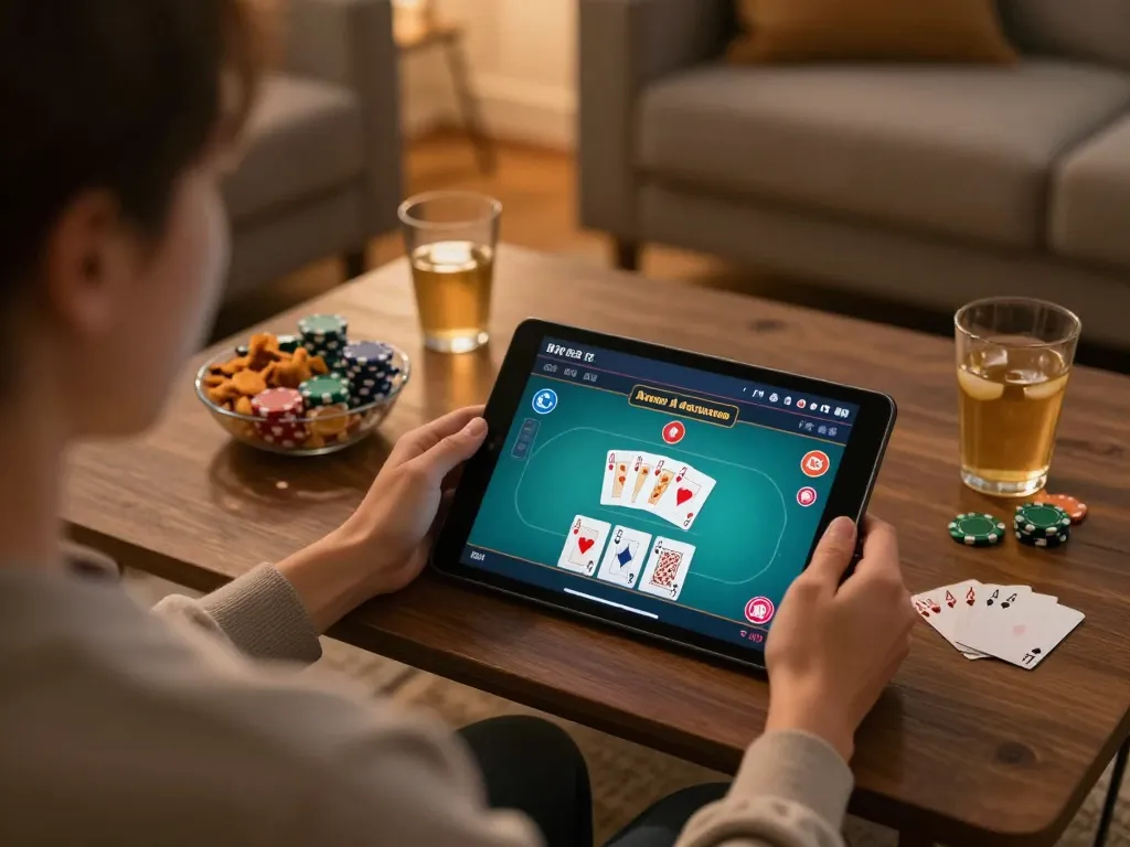 Person engaging in a Plagiat Scan while enjoying online gambling at home with cozy elements.