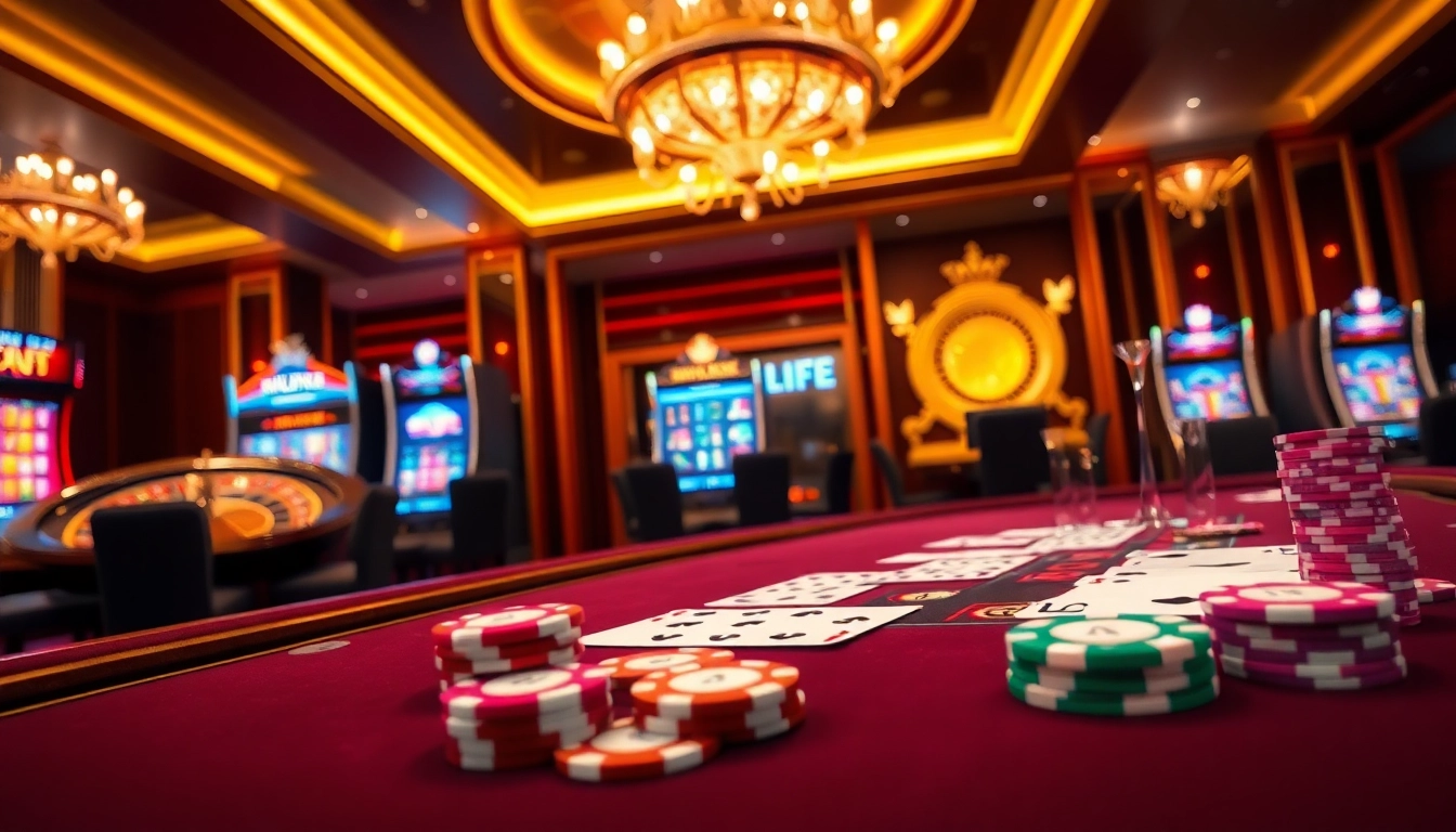 Exciting casino scene with LC88 branding, poker chips, and a roulette wheel.