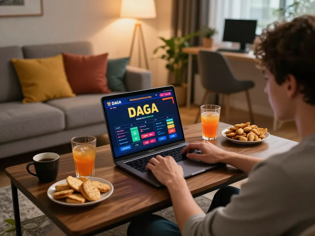 DAGAGO user engaged in online casino gaming with detailed betting interface in a cozy home setting
