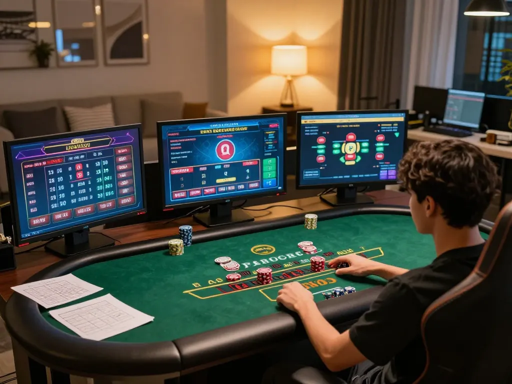 Engaged gambler using strategy at nhà cái go8 online blackjack, featuring live dealer action.