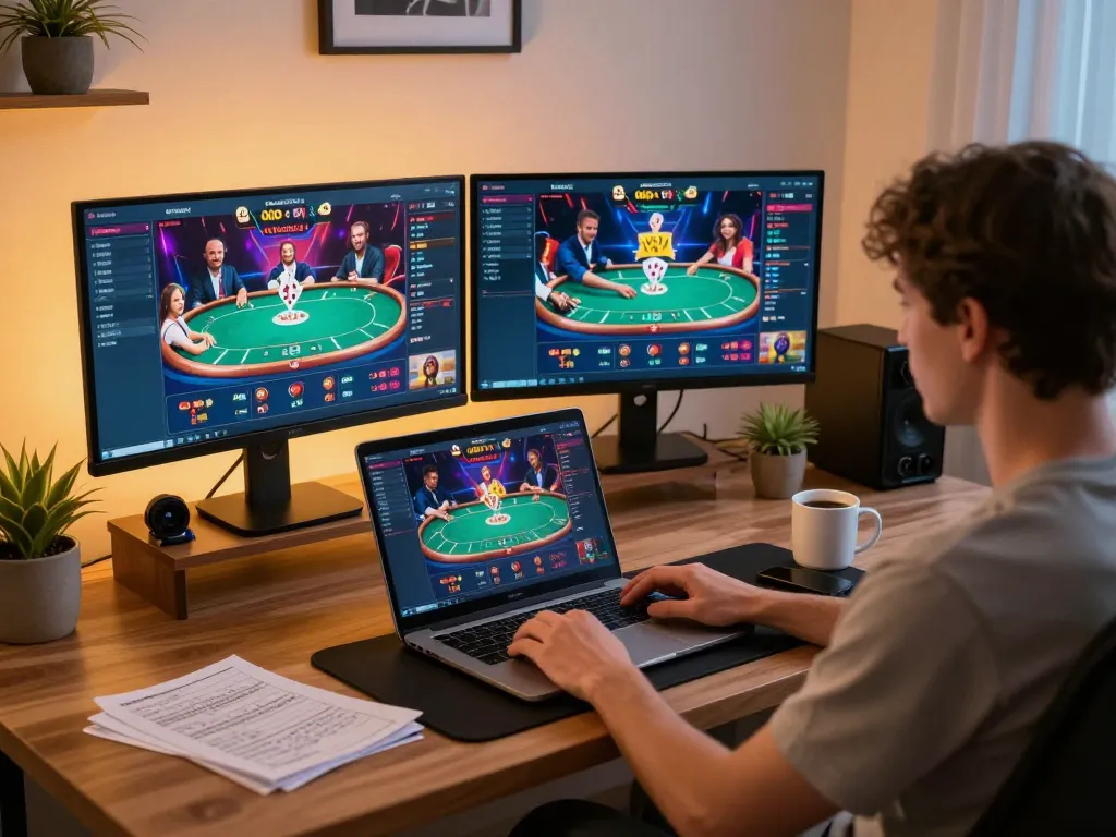 Engaging in online poker at home, showcasing a dynamic tr88 gaming experience.