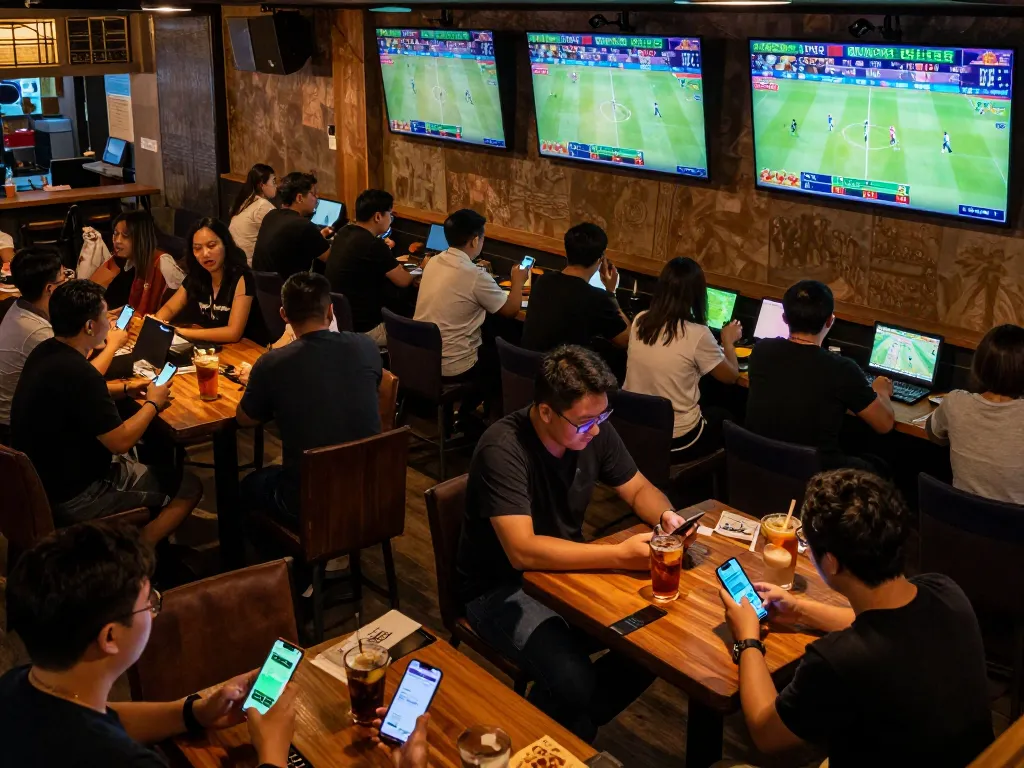 Engaging scene of sports fans placing bets and analyzing soi keo nha cai strategies in a lively sports bar.