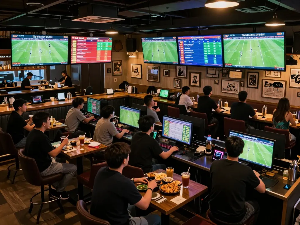 A dynamic sports bar scene showing fans engaged in live football matches with kèo nhà cái trực tiếp displayed on screens.