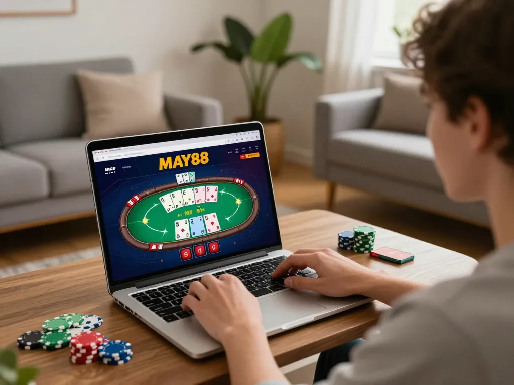 MAY88 online player engaging in exciting poker game at home