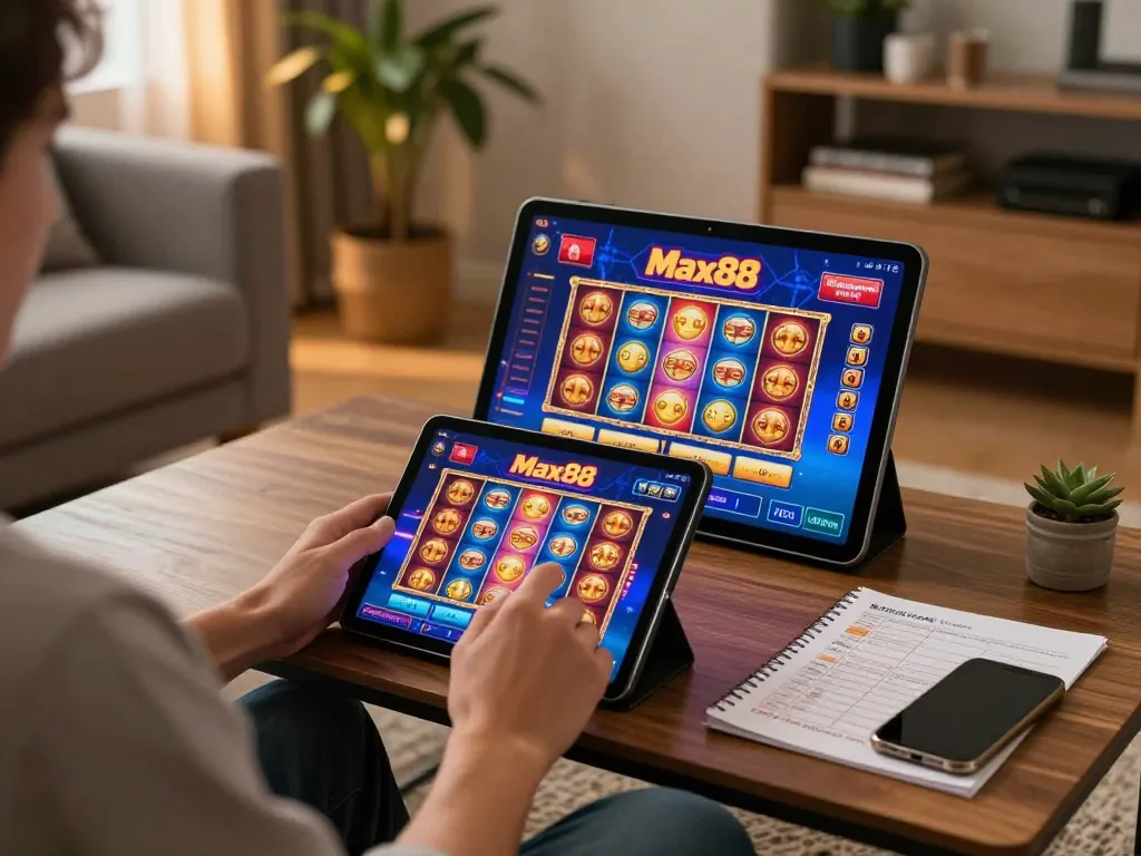 Engaging with Max88 casino app on tablet, enjoying online gaming experience at home.