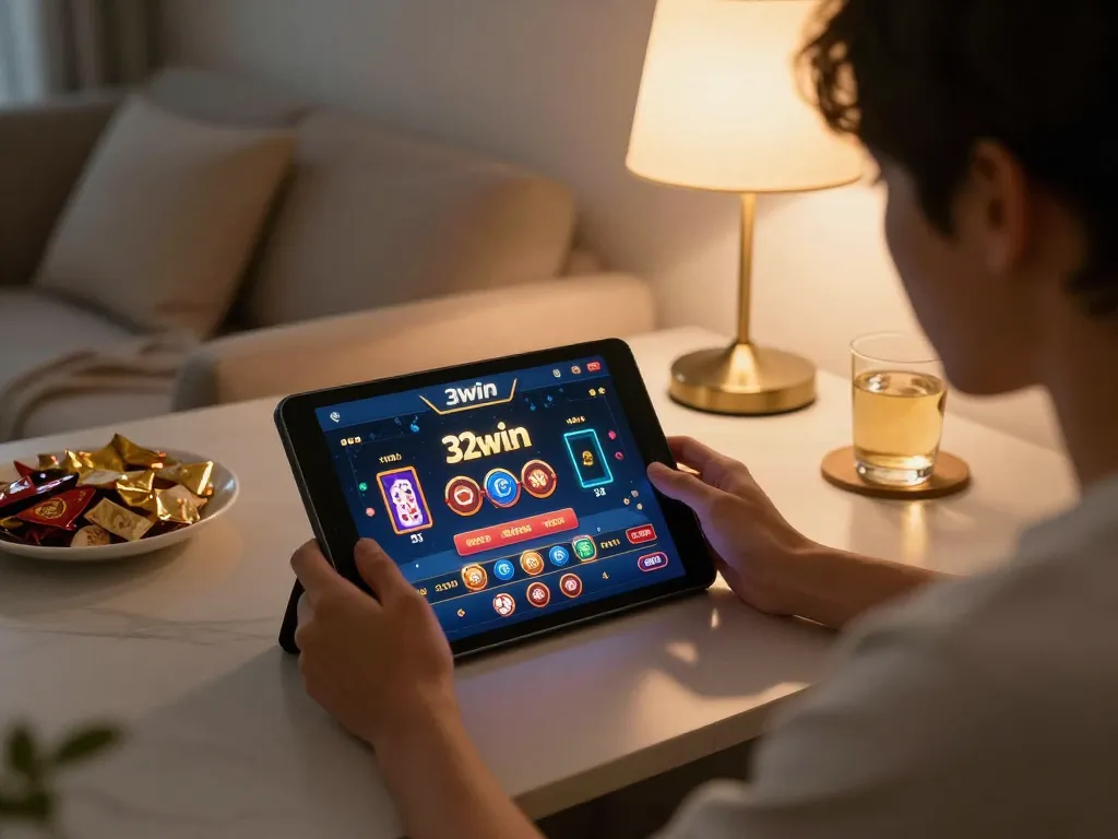 Engaged player using 32win casino app on tablet, showcasing online gaming experience