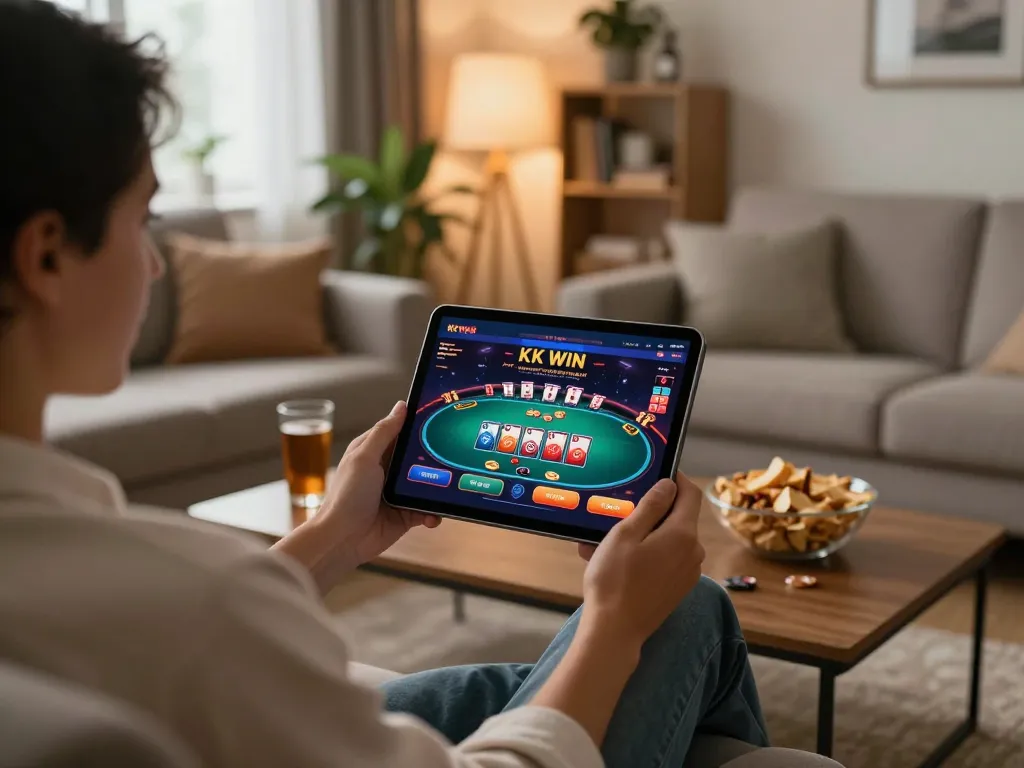 Player engaging with the KK WIN casino app on a tablet in a cozy living room, showcasing user-friendly interface and gaming excitement.