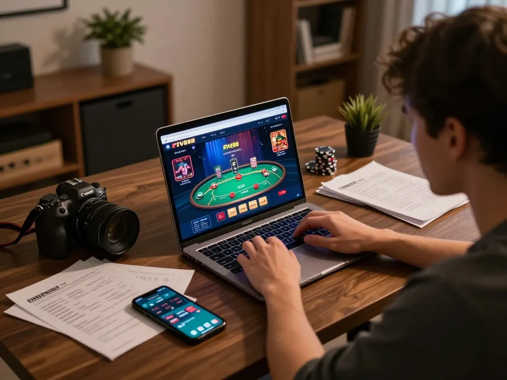 Engaging scene of a player using the FIVE88 online casino platform on a laptop, showcasing strategic betting.