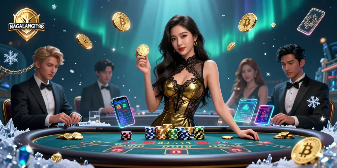 NAGALANGIT88 features a glamorous woman at an exclusive baccarat table holding golden chips, highlighting high-stakes gaming.
