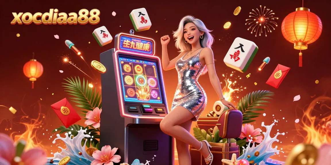 xocdiaa88 celebrates a jackpot win with vibrant casino elements and golden coins in a dynamic digital scene.