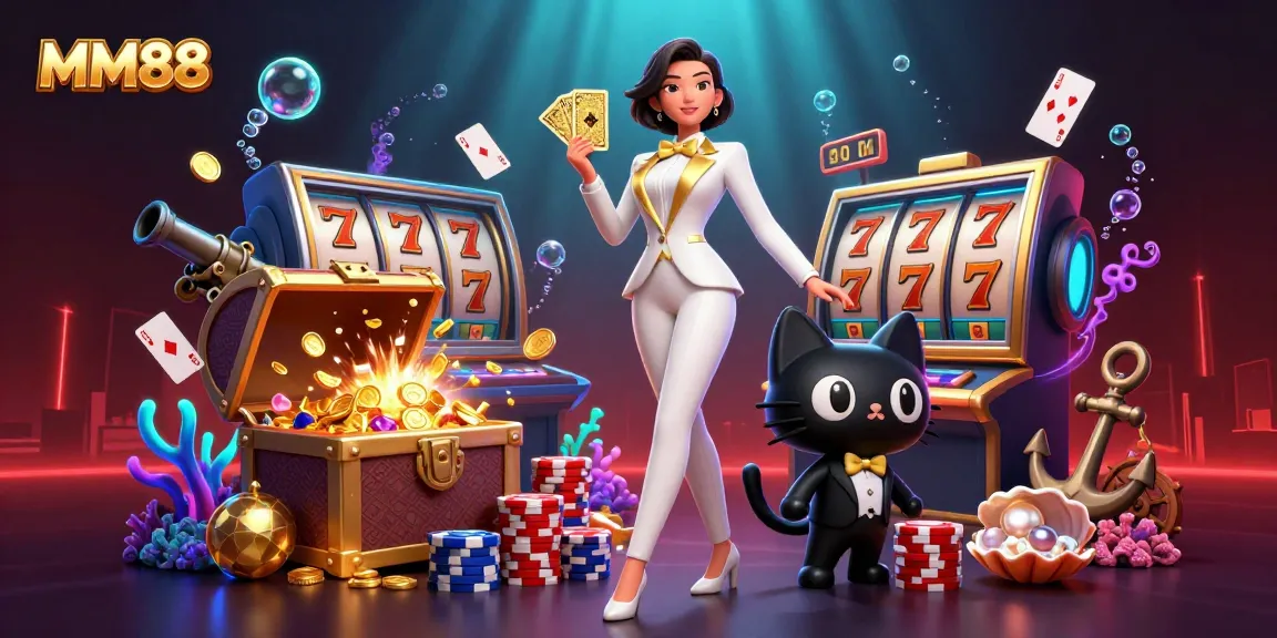 Engage with MM88 as a glamorous woman shuffles cards beside a 3D cat in a vibrant casino scene.