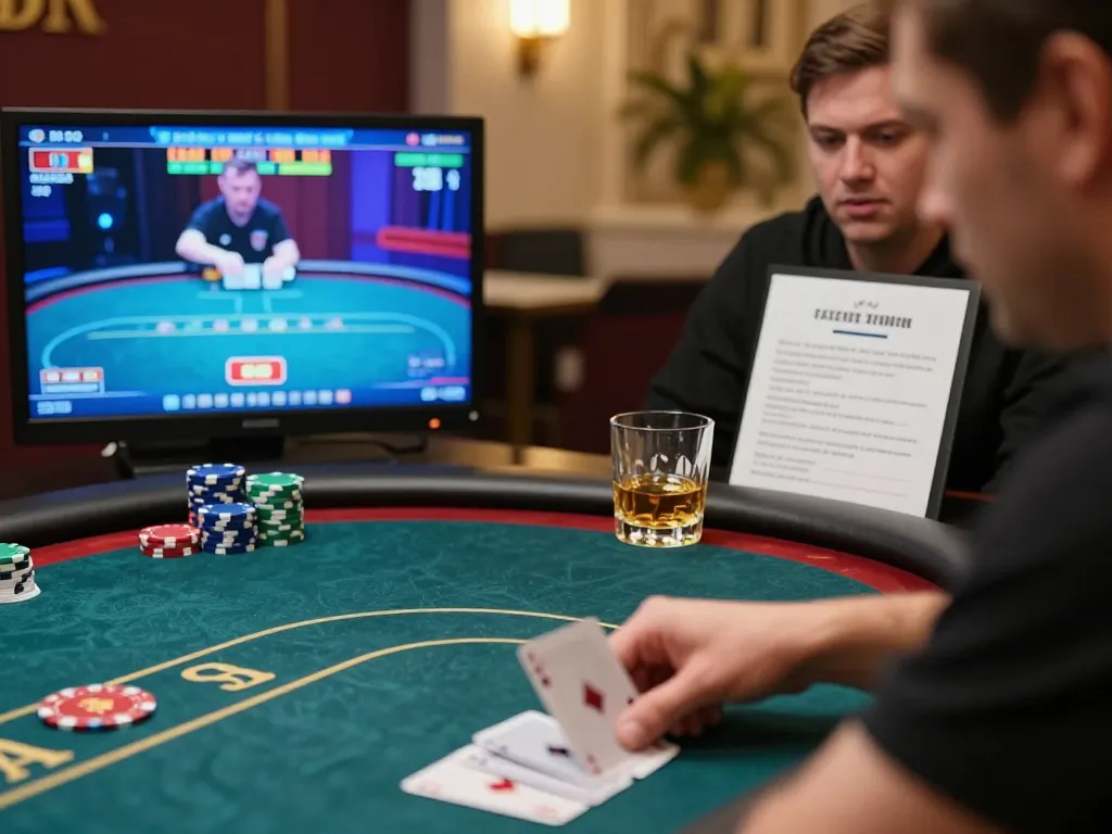 Engaged player in an online poker game at lc88, displaying strategy notes and cards on a multi-screen setup.