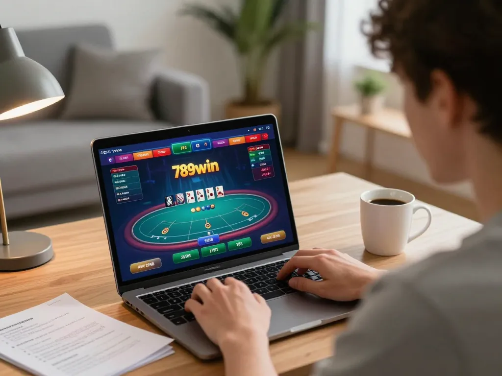 Engaging player strategizing on 789win poker game at home with notes and drinks.