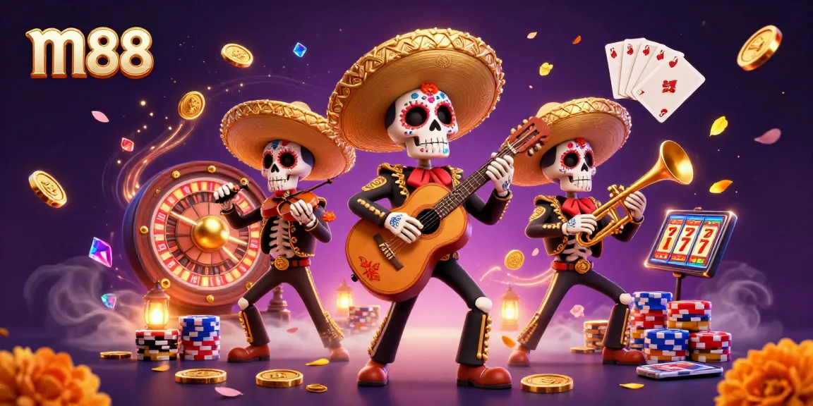 Join the action at m88 with lively skeleton mariachi characters amidst casino elements.
