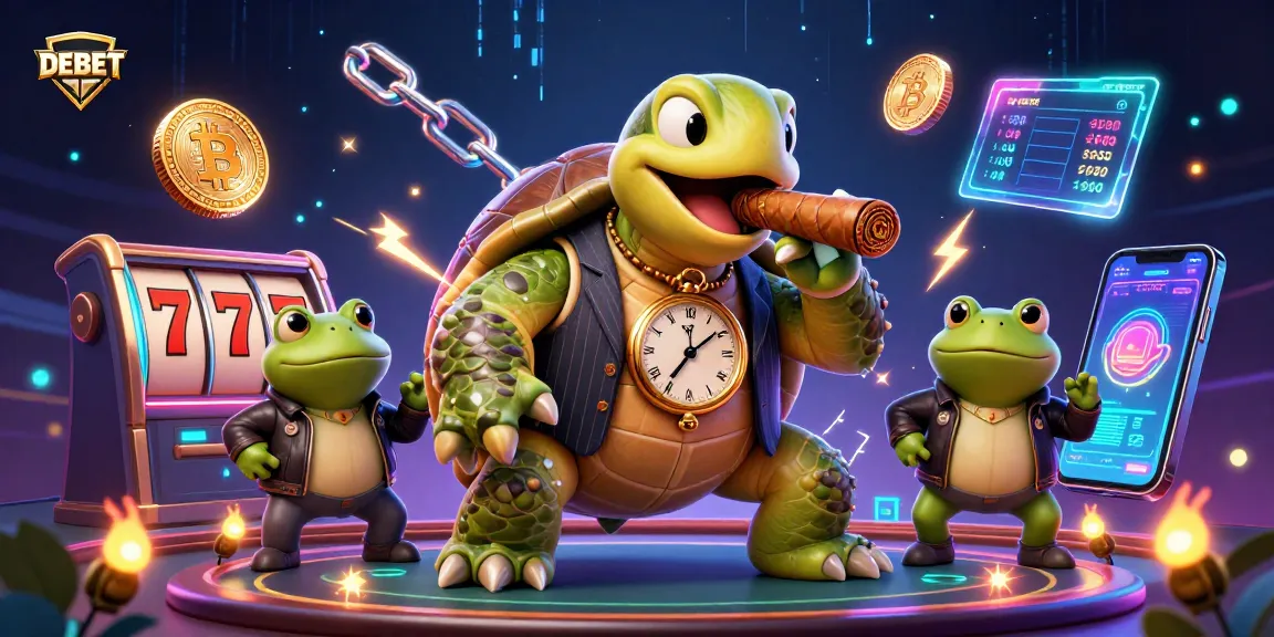 Engage with DEBET's vibrant casino scene featuring a turtle mobster and bullfrog enforcers amidst slot reels.