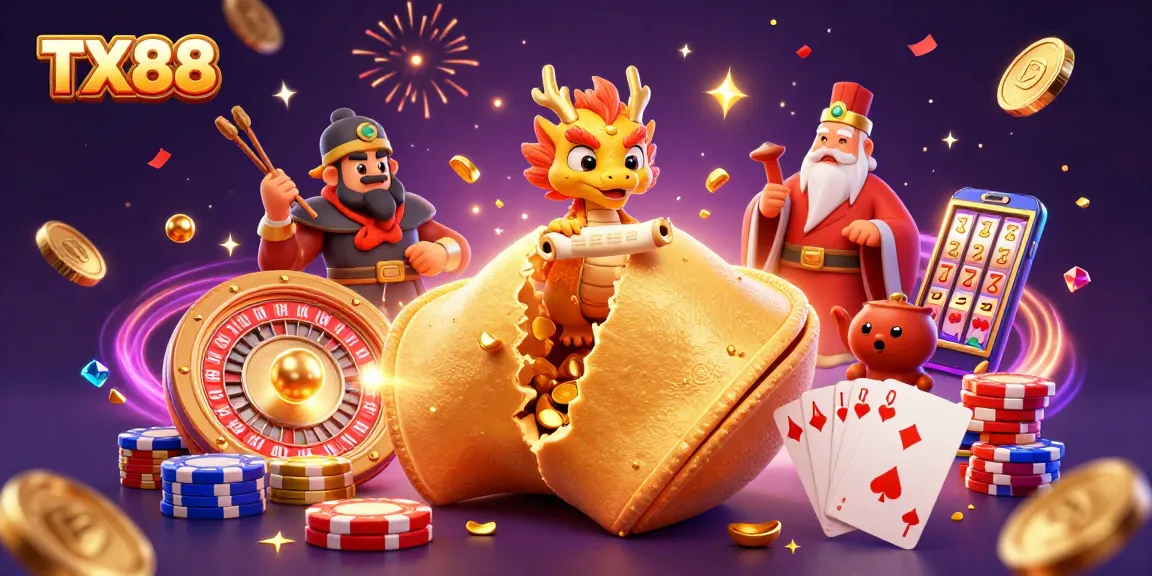 Spin to win with TX88's fortune cookie revealing golden treasure amidst a lively casino scene.