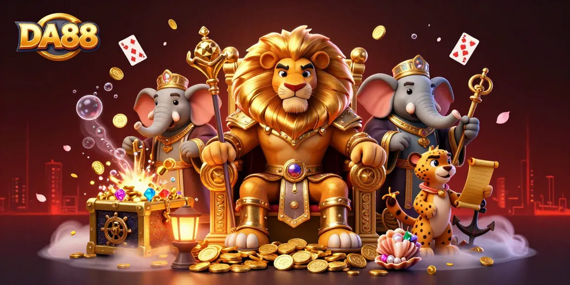 Experience the thrill of DA88 with a majestic lion king on a gold throne, surrounded by lavish casino elements.