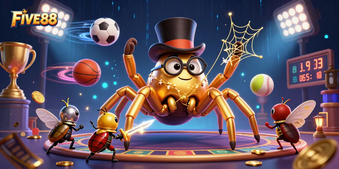 Experience the excitement at FIVE88 Casino featuring a golden tarantula and beetle knight amidst dynamic sports betting action.
