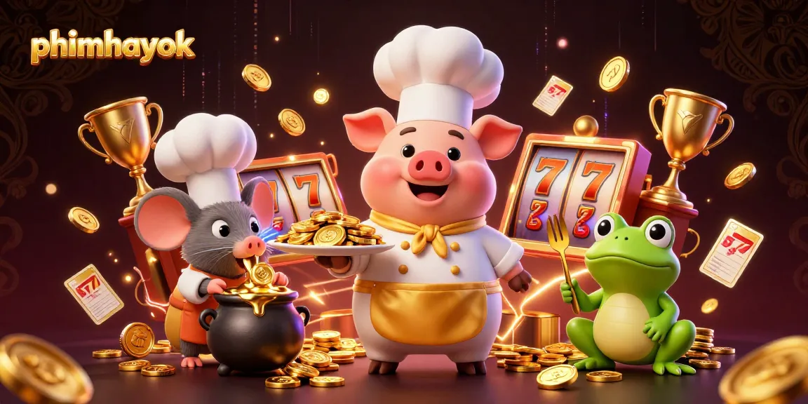 Experience thrilling jackpots at phimhayok with a chef pig serving gold coins in a vibrant casino scene.